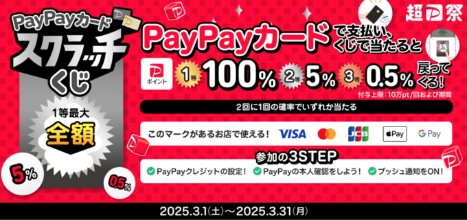 PayPayカードスクラッチくじが開催！2025年3月1日（土）から1等最大全額100%戻ってくる