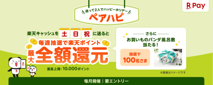 楽天ペイ 送ってペアハピキャンペーンが開催中！2024年10月27日（日）まで抽選で最大全額還元