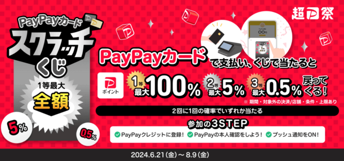 PayPayカードスクラッチくじが開催！2024年6月21日（金）から1等最大全額100%戻ってくる