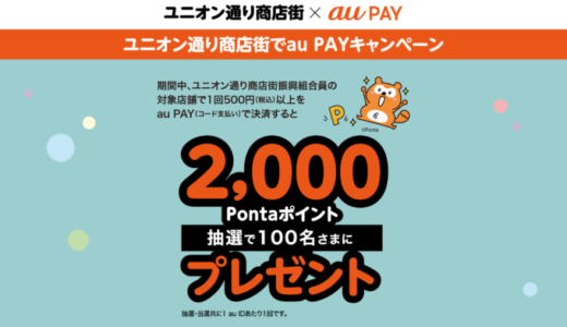 宇都宮ユニオン通り商店街×au PAY（auペイ）キャンペーンが開催中！2024年10月14日（月・祝）まで抽選で2,000Pontaポイントプレゼント