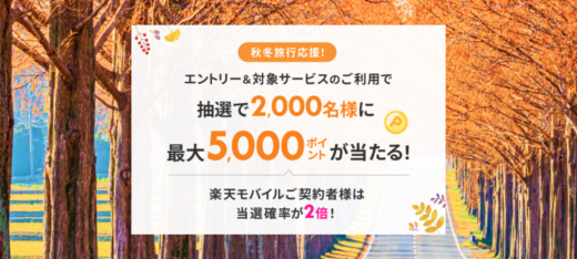 楽天トラベル 秋冬旅行応援キャンペーンが開催中！2024年11月29日（金）までのエントリー・予約対象期間で最大5,000ポイント当たる