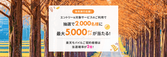 楽天トラベル 秋冬旅行応援キャンペーンが開催中！2024年11月29日（金）までのエントリー・予約対象期間で最大5,000ポイント当たる