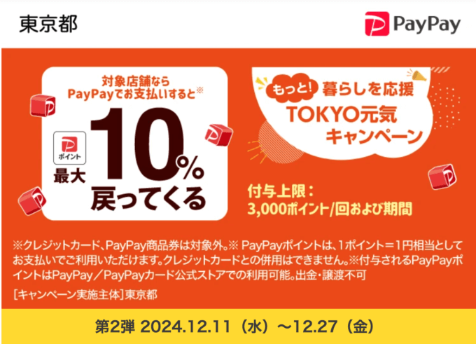 PayPay（ペイペイ）×もっと！暮らしを応援 TOKYO元気キャンペーンが開催！2024年12月11日（水）から最大10%戻ってくる