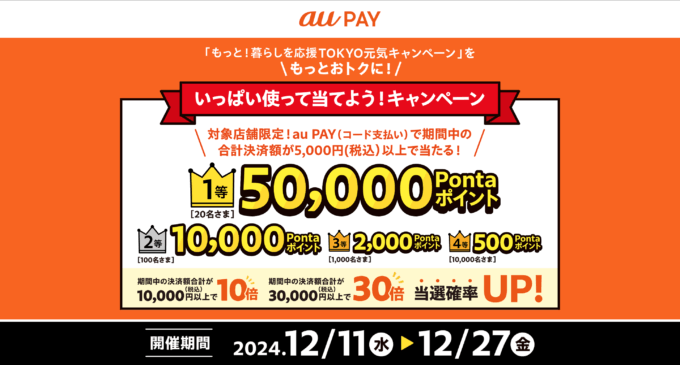 au PAY（auペイ）いっぱい使って当てよう！キャンペーンが開催中！2024年12月27日（金）まで1等最大50,000Pontaポイント