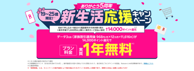 楽天モバイル 新生活応援キャンペーンが開催中！2025年5月31日（土）まで最大14,000ポイント還元【実質1年無料】