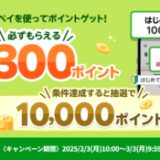 楽天ペイアプリの機能をはじめて利用すると最大300ポイント必ずもらえるキャンペーンが開催中！2025年3月3日（月）まで【条件達成&抽選で10,000ポイント】